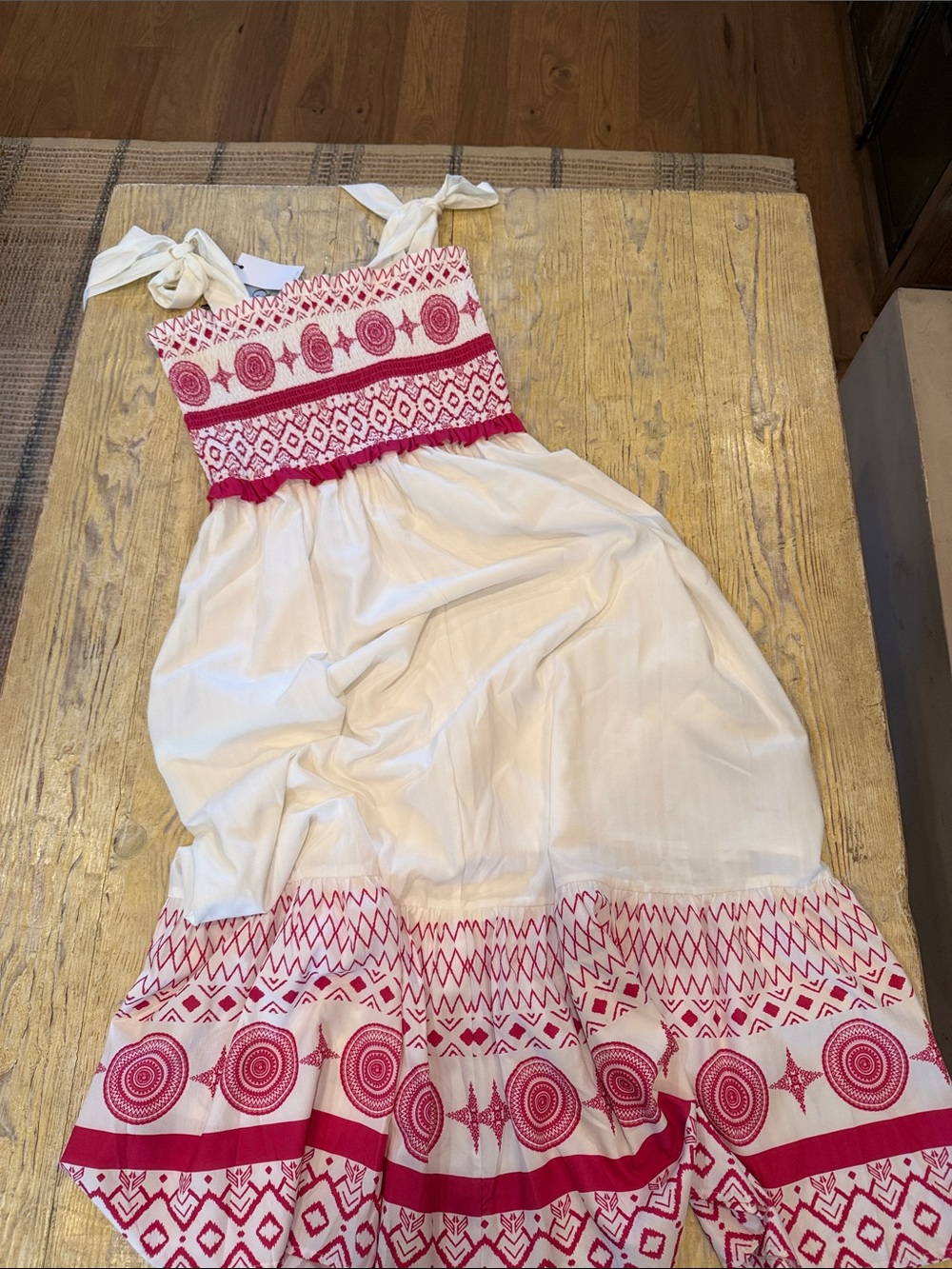 White Sundress with Pink Tribal Embroidery